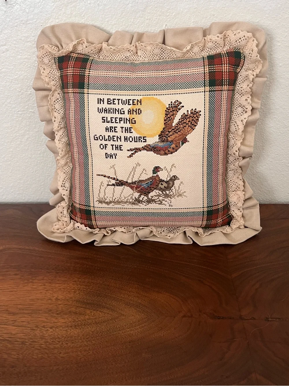 Vintage 90s Cross-Stitch Embroidered Pheasant Ruffle Pillow